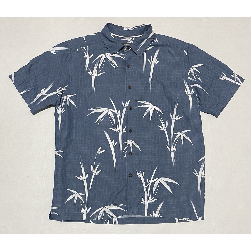 Quiksilver Waterman Shirt Men Medium Blue‎ Hawaiian Bamboo Tree Button Up Aloha